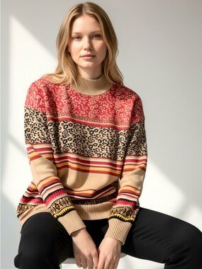 Cupio Striped knit Sweater Multi-Print High Neck Long Sleeves Pullover Stretch